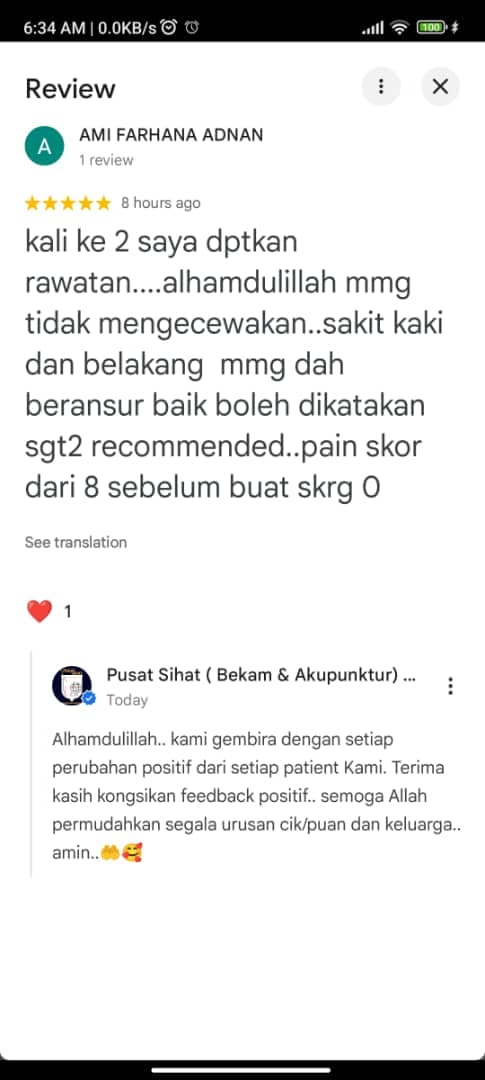 Screenshot of a real Pusat Sihat client review